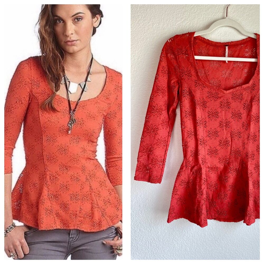 Free People Floral Lace Daisy Pointelle 3/4 Sleeve Peplum Top in Coral Pink S
